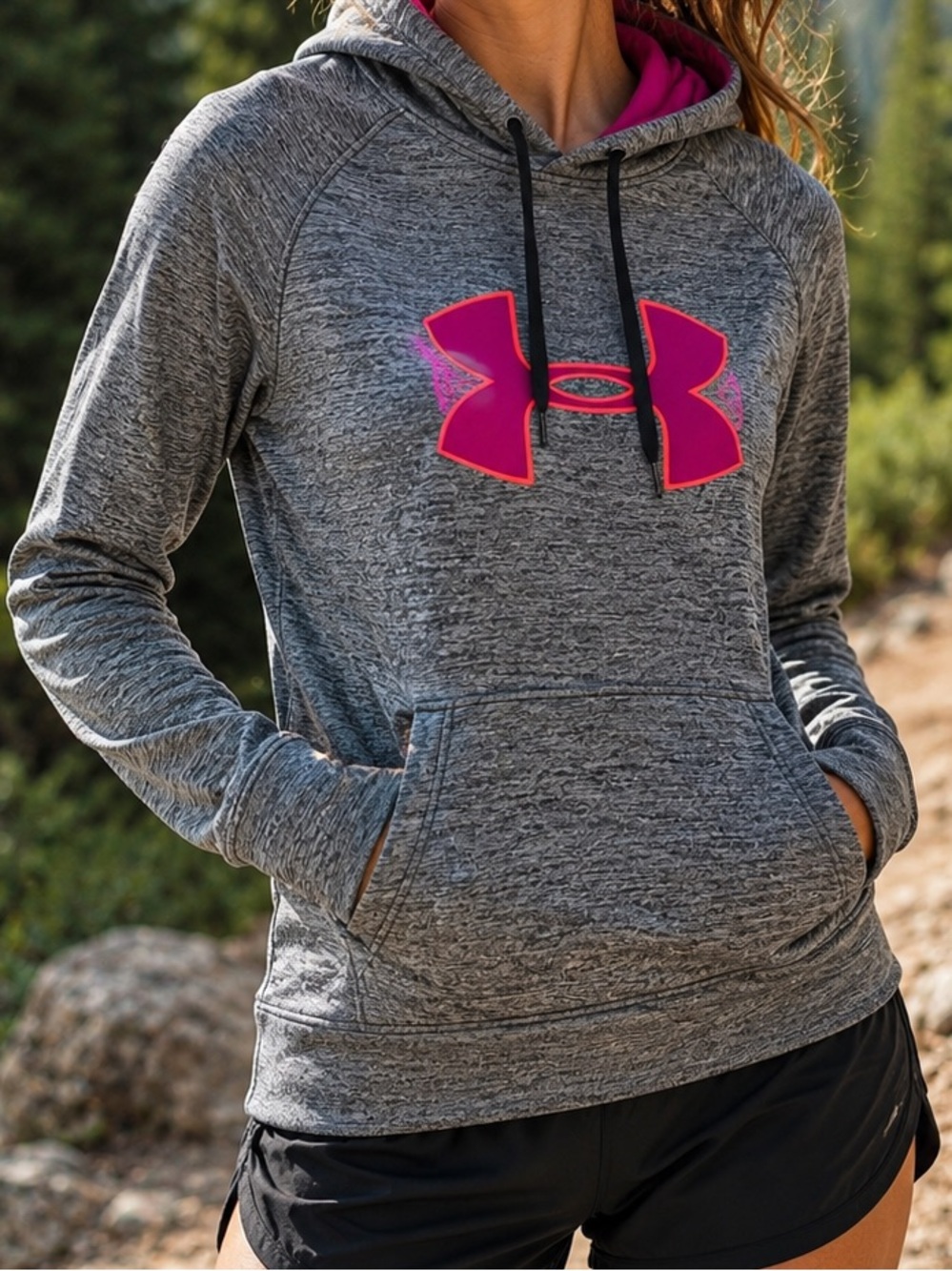 Under Armour Women’s ColdGear Pullover Hoodie Gray Heather Pink Logo Size M